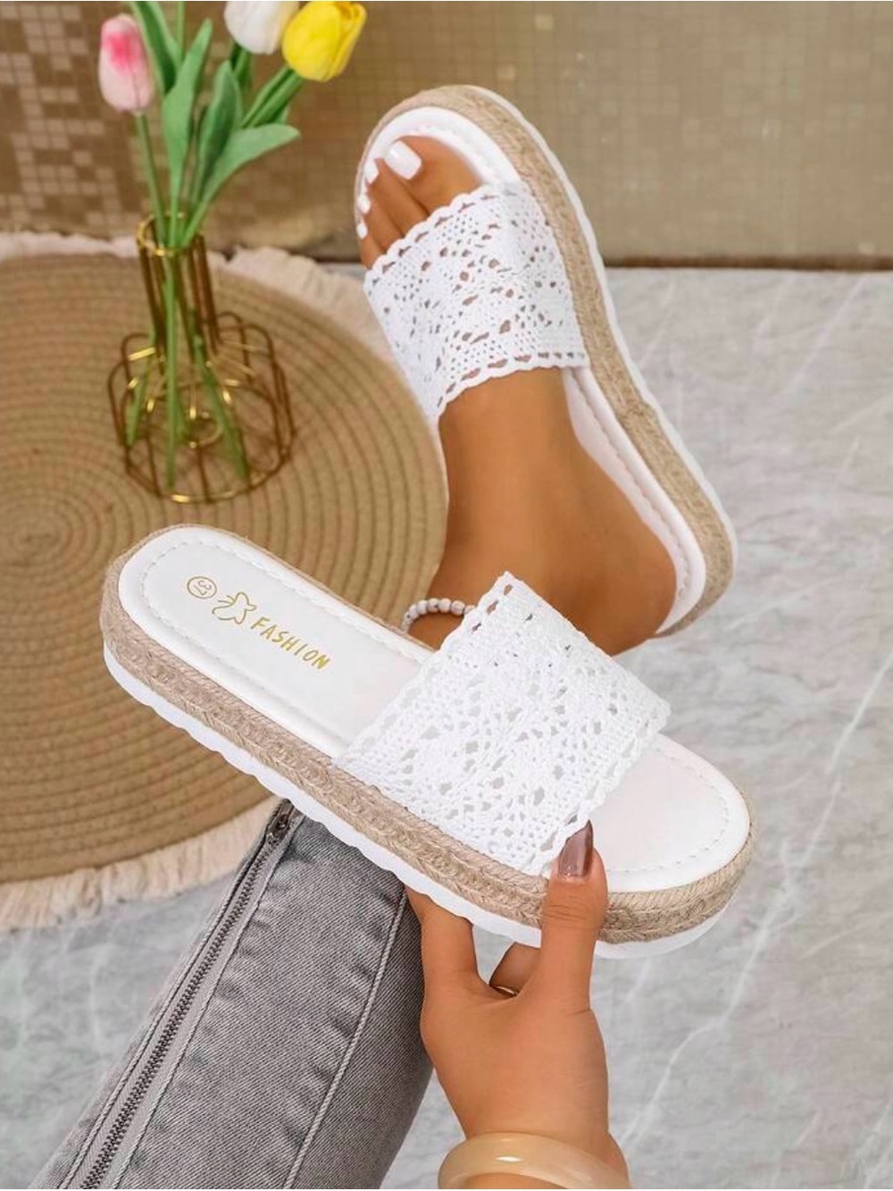 SHEIN White Crochet Espadrille Slide Sandals